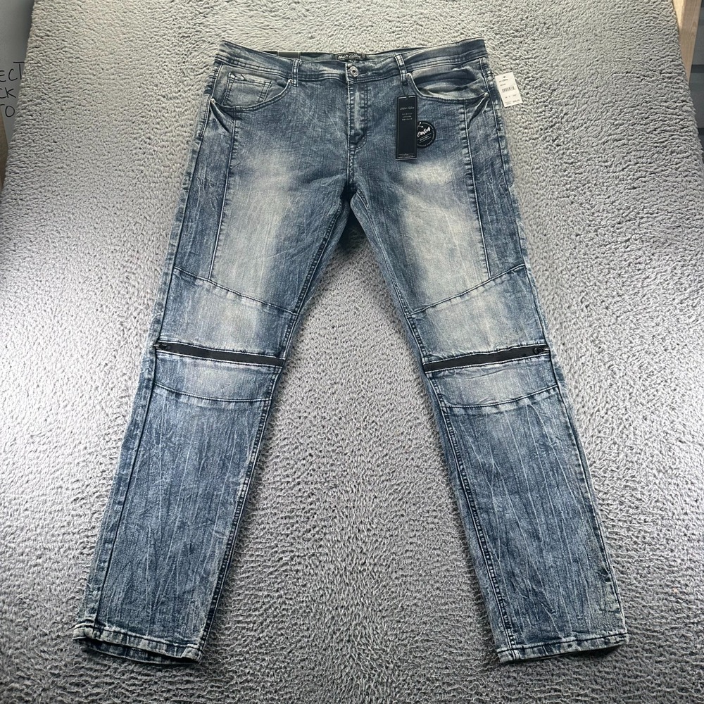 Modern Culture Jeans Mens 38x32 Blue Denim Straight Faded Biker Moto Stretch